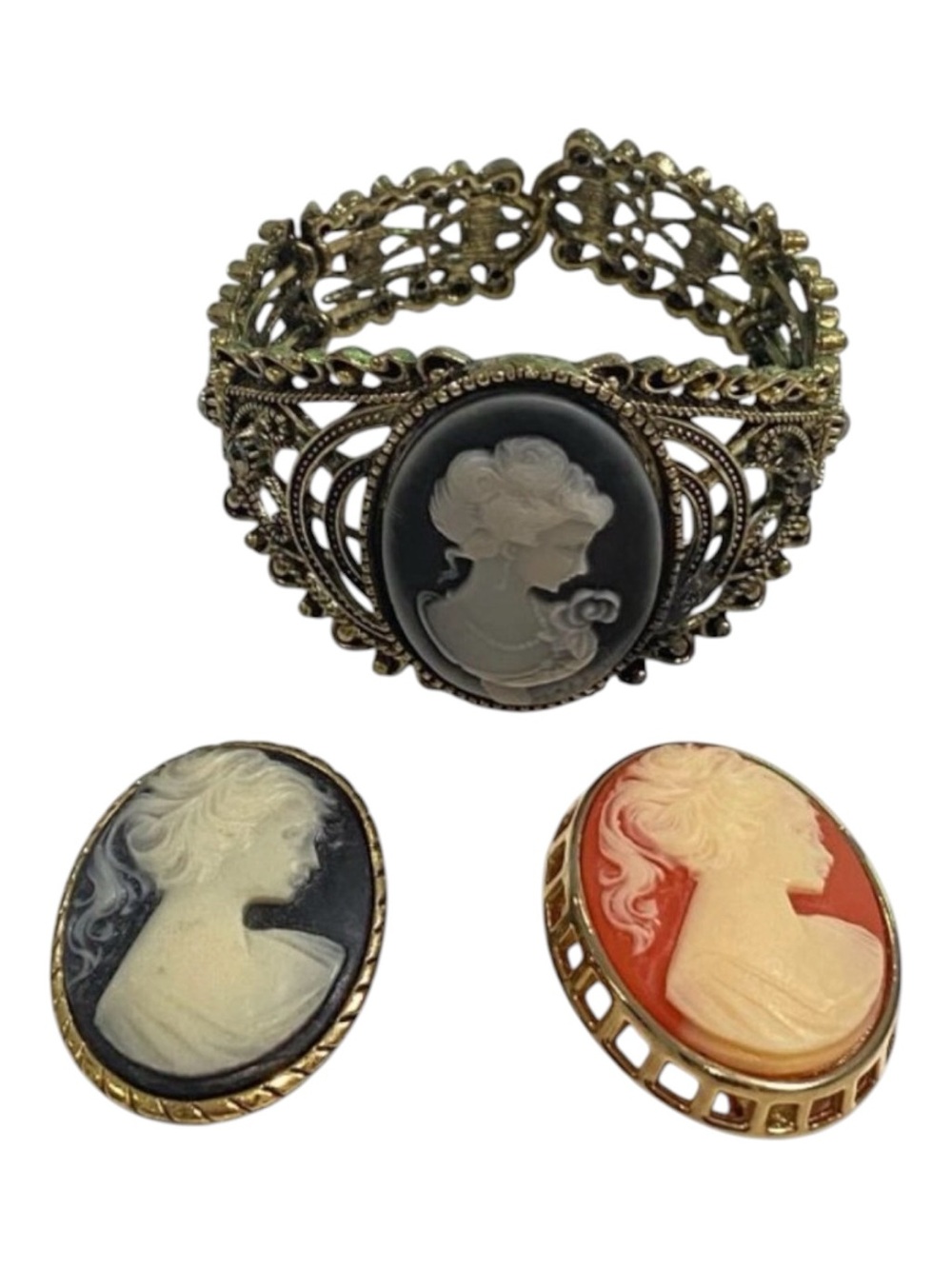 Victorian Style Cameo Bracelet & Brooches bundle + Intricate Gold-Tone Filigree